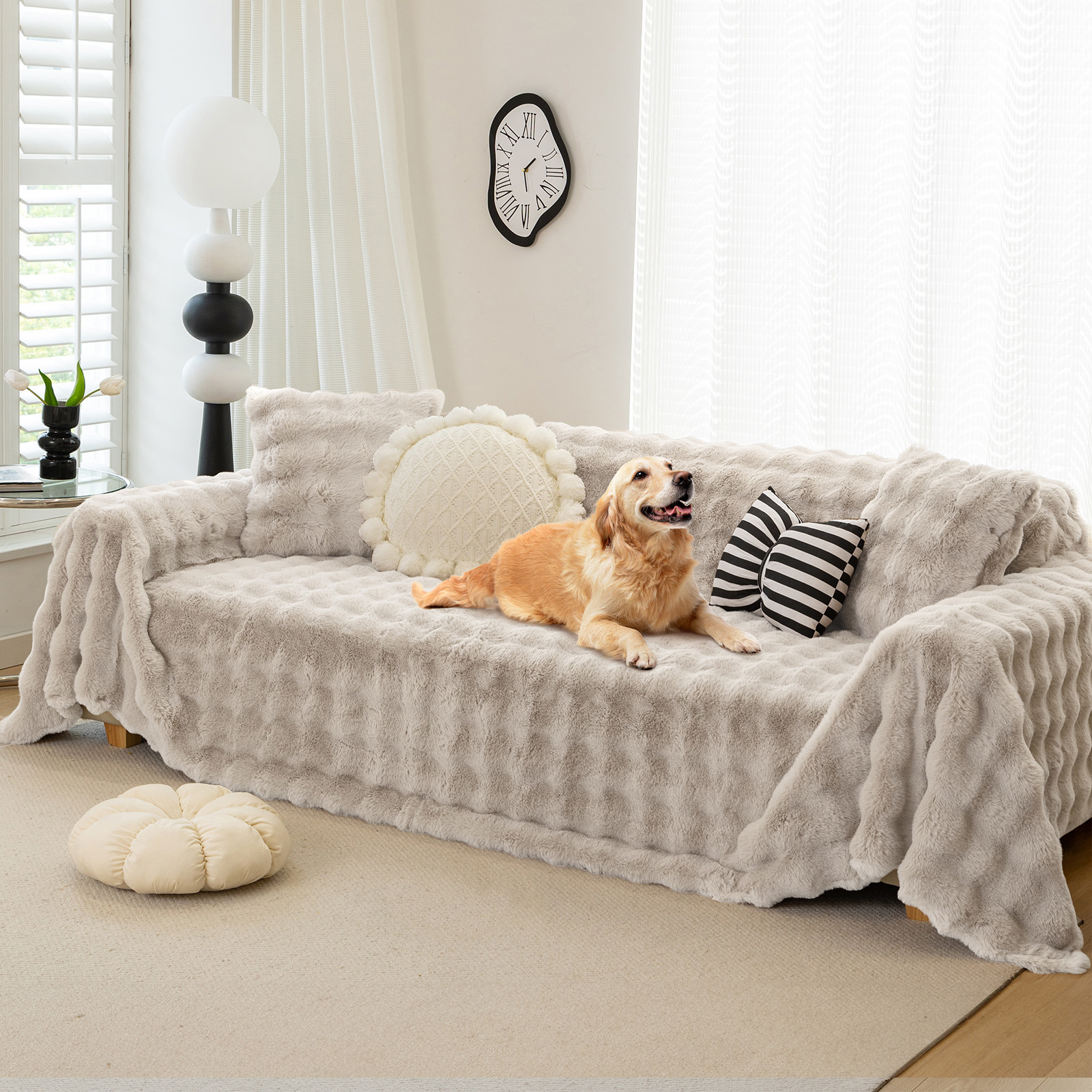 WOOW DEPOT Warm Faux Rabbit Fur Sofa Cover Machine Washable, Thick Throw Blanket L Shape Slipcover for 3 Cushion Couch, Coffee 71"x134"
