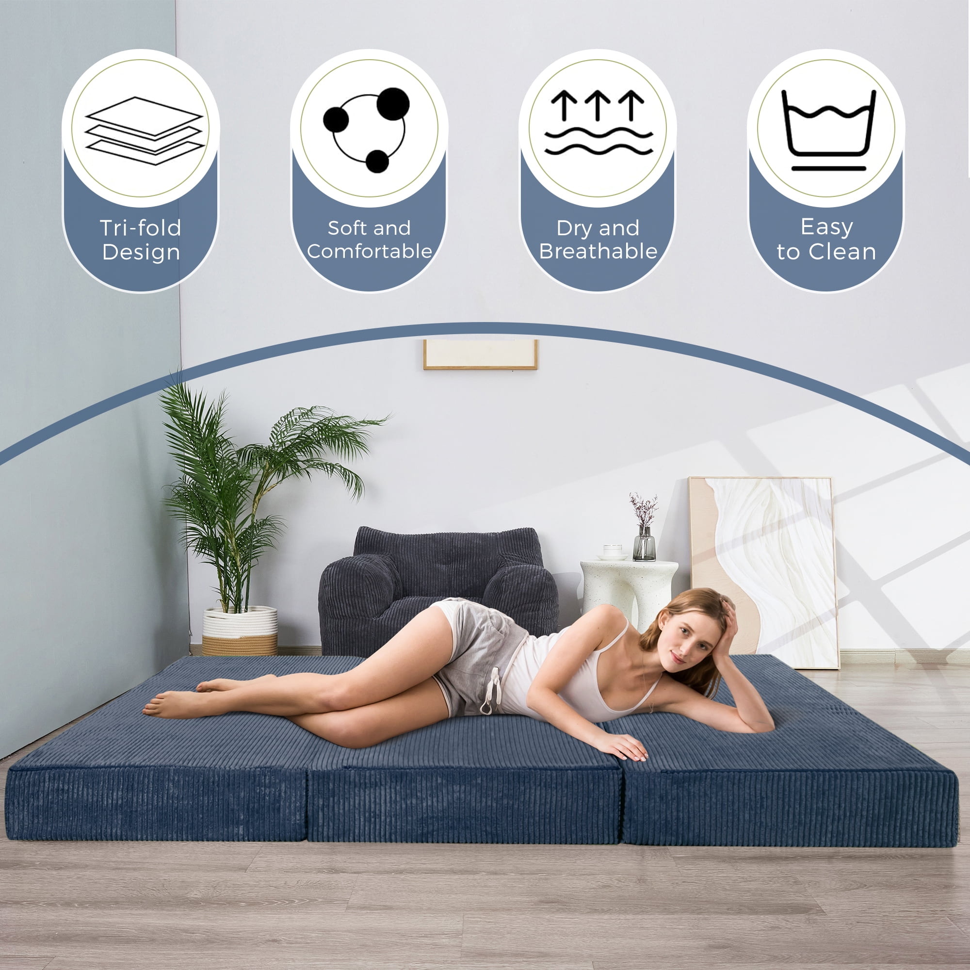 MAXYOYO 6 inch Folding Corduroy Mattress, Tri Fold Floor Mattress thick with Washable Cover,Foldable in Three,Space-Saving for Guest (Blue, Full)