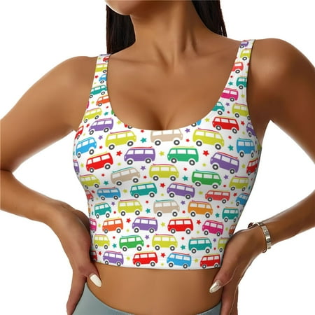 Cauagu Colorful Bus Pattern Sports Bras for Women Round Neck Sports Bra Workout Crop Tank Tops Padded with Built in Shelf-X-Large