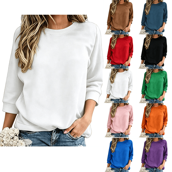 Sweatshirt for Women Hzzrkos Women's Solid Color Loose Winter Fashionable Casual 3/4 Sleeve Head Round Neck Sweatshirt White XXL