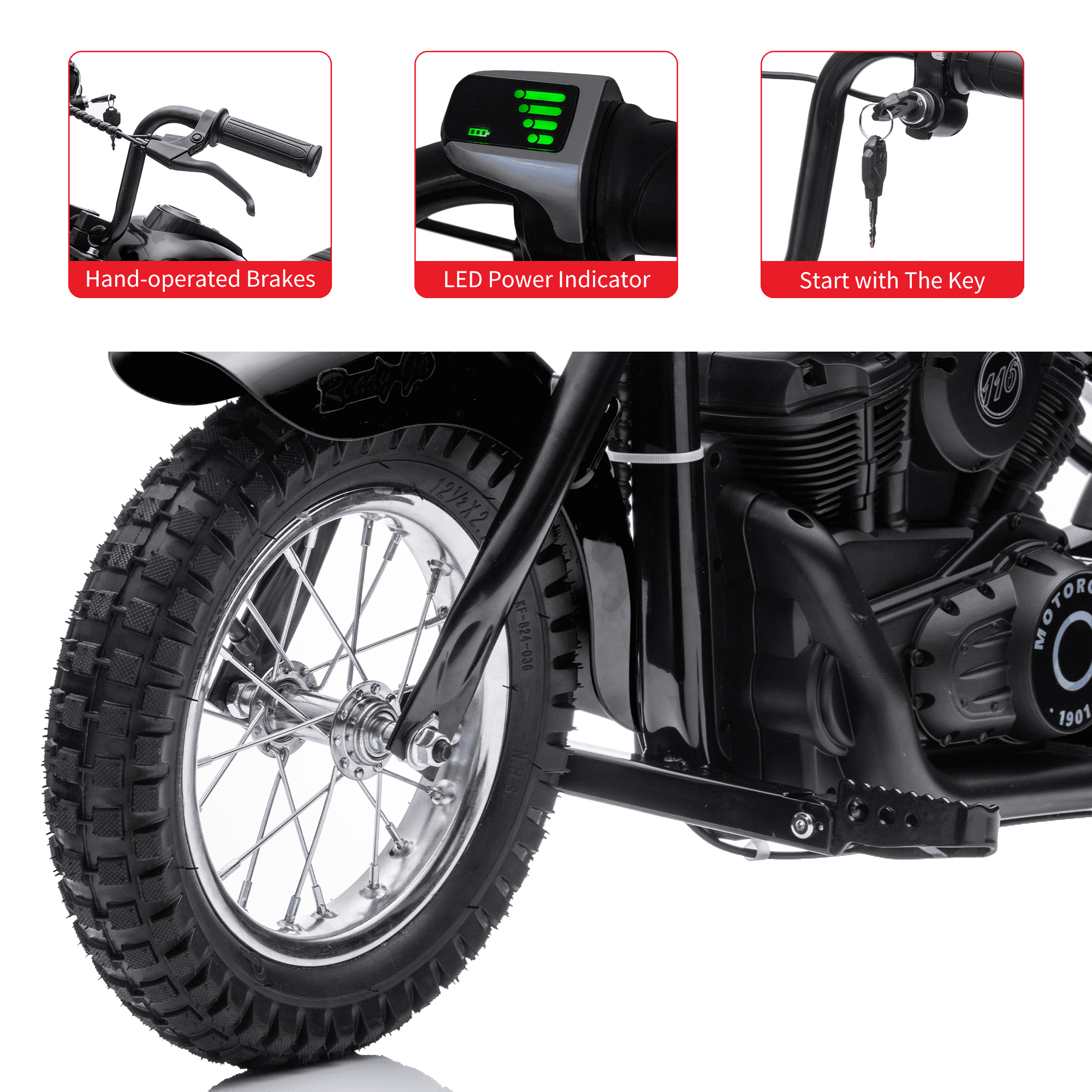 Roromall 24V Electric Dirt Bike, 250W Electric Motorcycle w/LED Light, Leather Seat- 2 Speed Max Up to 14MPH & 60 Minutes Continuous Motorbike