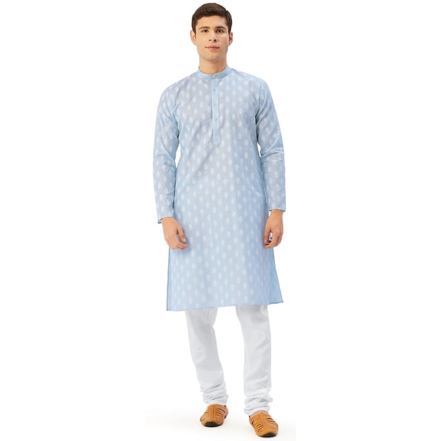 Kurta Pyjama en Coton Imprimé Traditionnel Indien pour Hommes (Bleu Ciel, TTG)