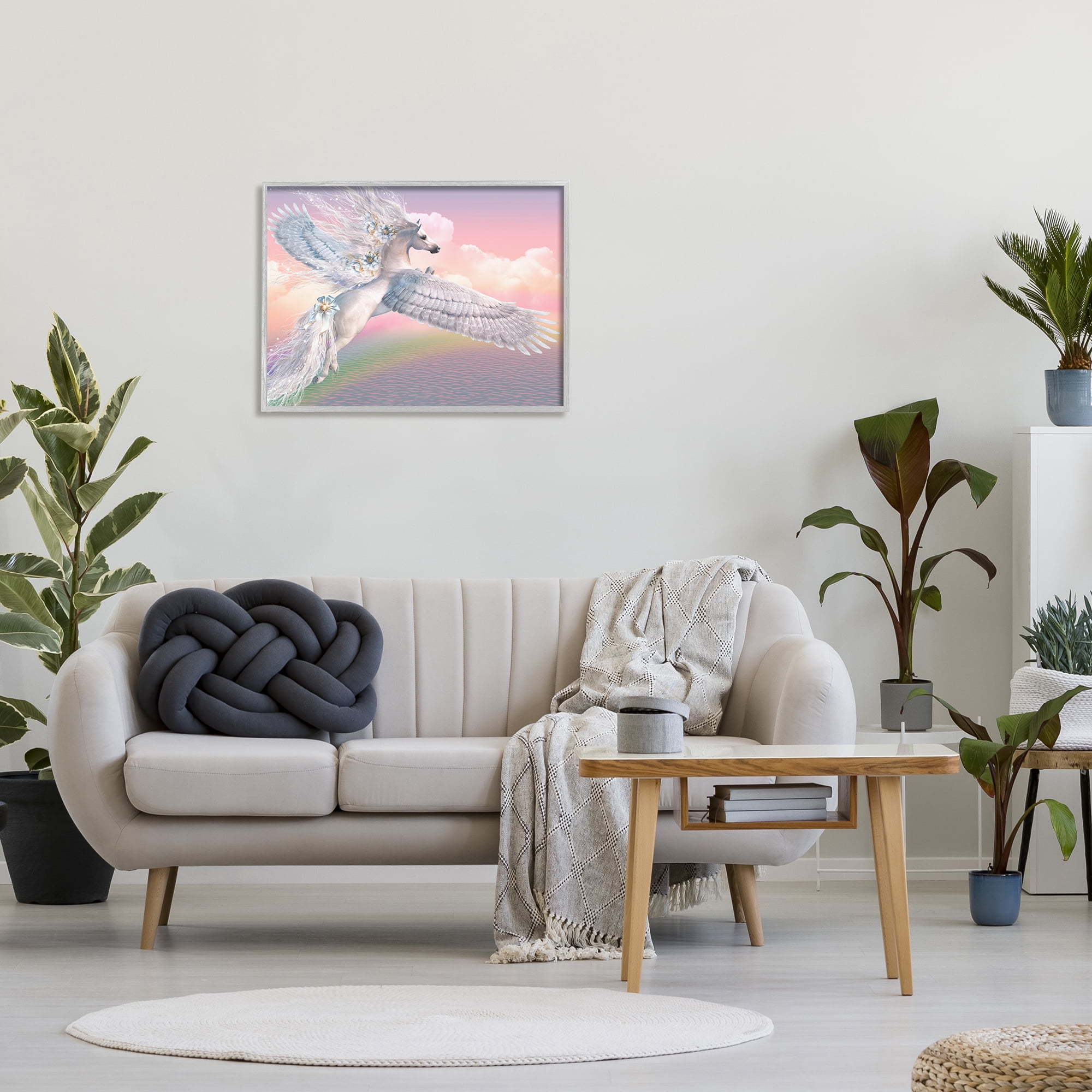 Stupell Industries Unicorn Over the Rainbow Fairy Tales & Fantasy Painting Gray Framed Art Print Wall Art, 30 x 24