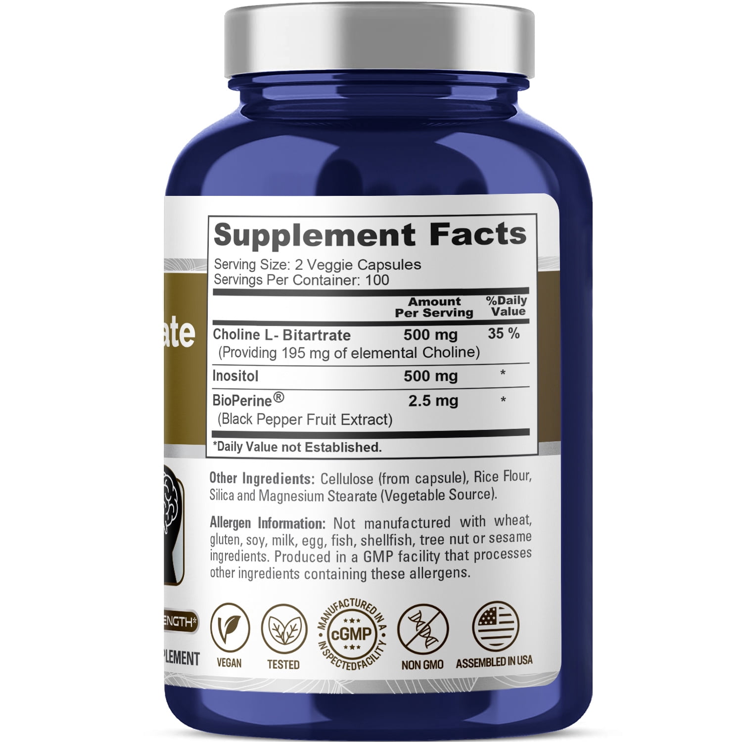 NusaPure Choline & Inositol 1000mg - 200 Veggie Caps (100% Vegetarian, Non-GMO)