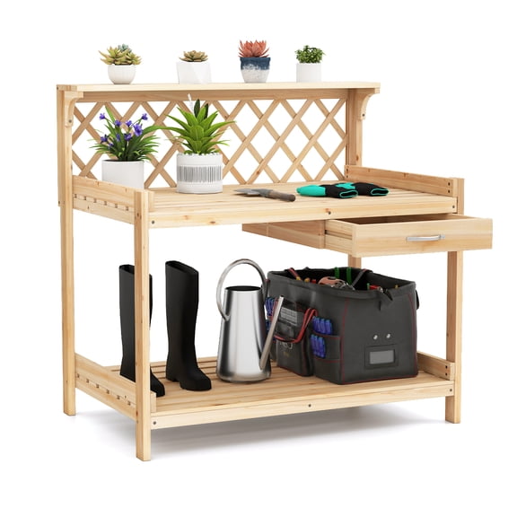 Gymax Garden Potting Bench Table w/Lattice Trellis Removable Drawer Top & Lower Shelf
