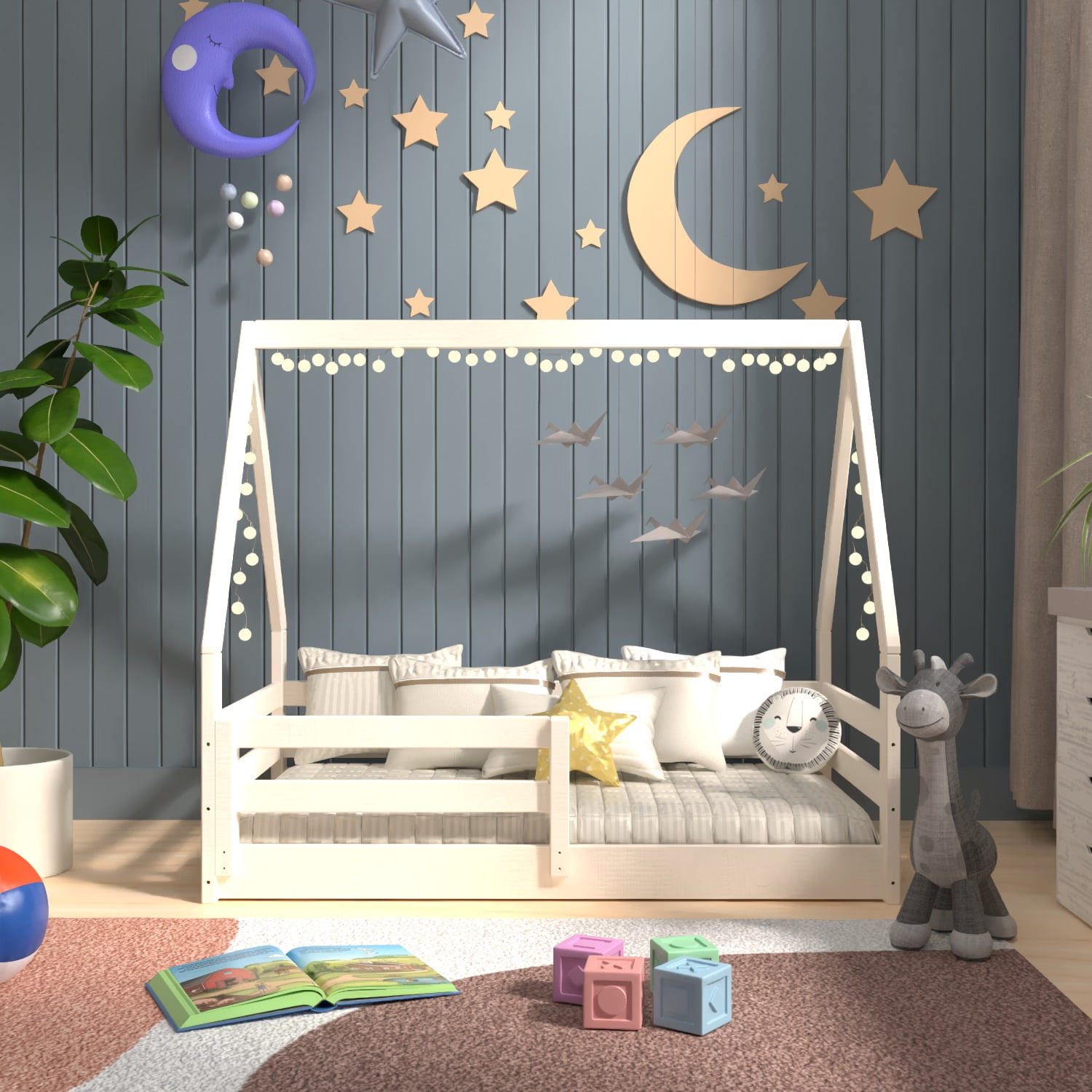 From the Tree Furniture Toddler House Bed with Guardrails, White, Solid Pine Wood