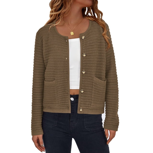 Cardigan de Punto PRETTYGARDEN en Caqui Oscuro, Talle S