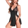 thumbnail image 2 of QYLUX Women's Lingerie Sexy V-Neck Sheer Lace Nightwear with Side Slits Nightgown,Black,S, 2 of 8