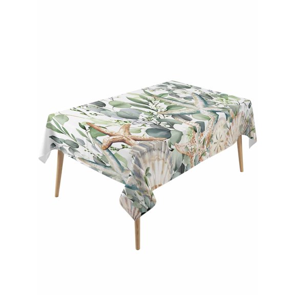 Sage Green Ocean Table Cloth, Coastal Eucalyptus Starfish Shell Waterproof Tablecloth for Rectangle Tables, Reusable Washable Fabric Table Cover for Restaurant Kitchen Dining Tables 54"x108"