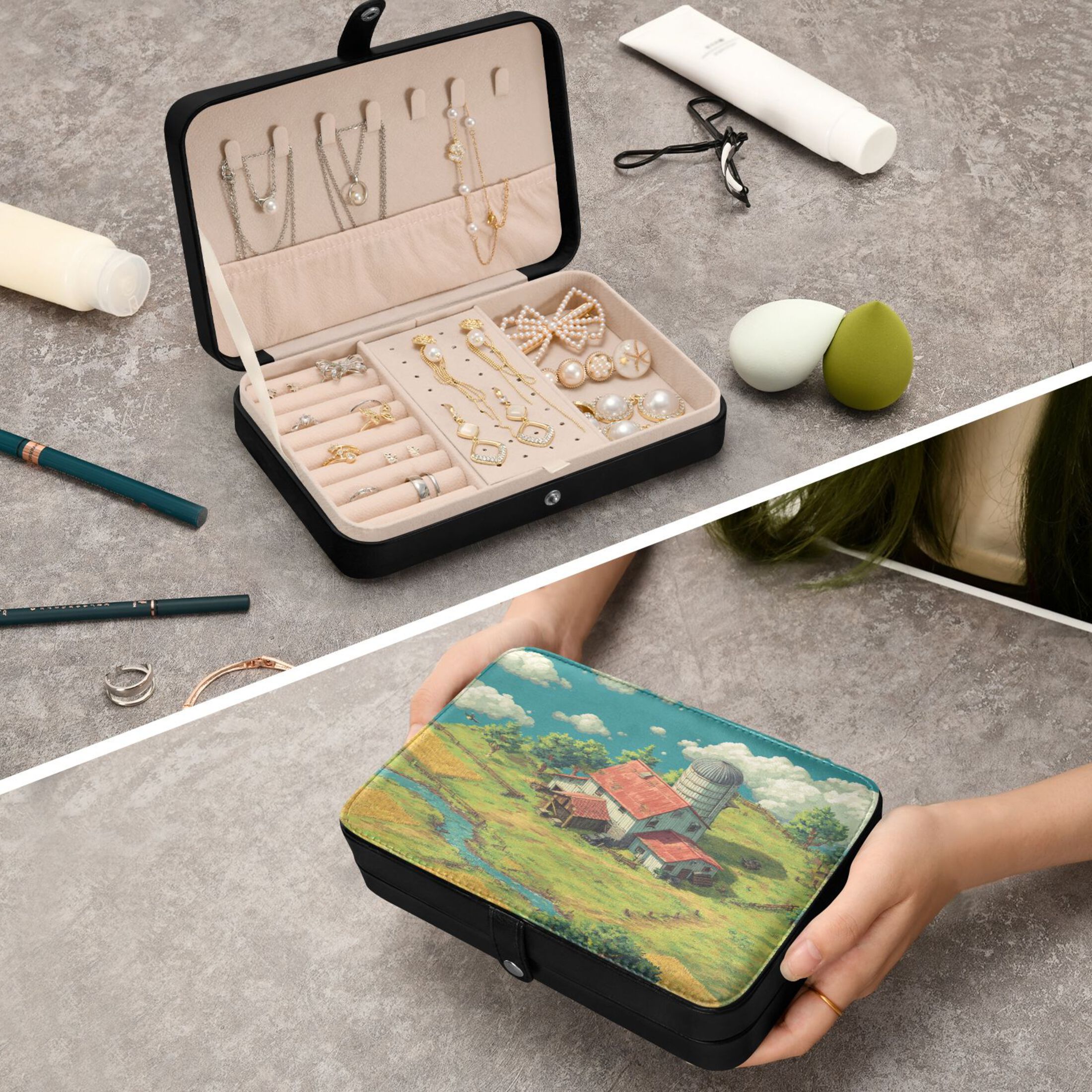 Leather Jewelry Box Rectangular 8.27x5.5x1.78In Travel Jewelry Storage Earrings Necklace Bracelet Watch Brooch Storage Cute Farm
