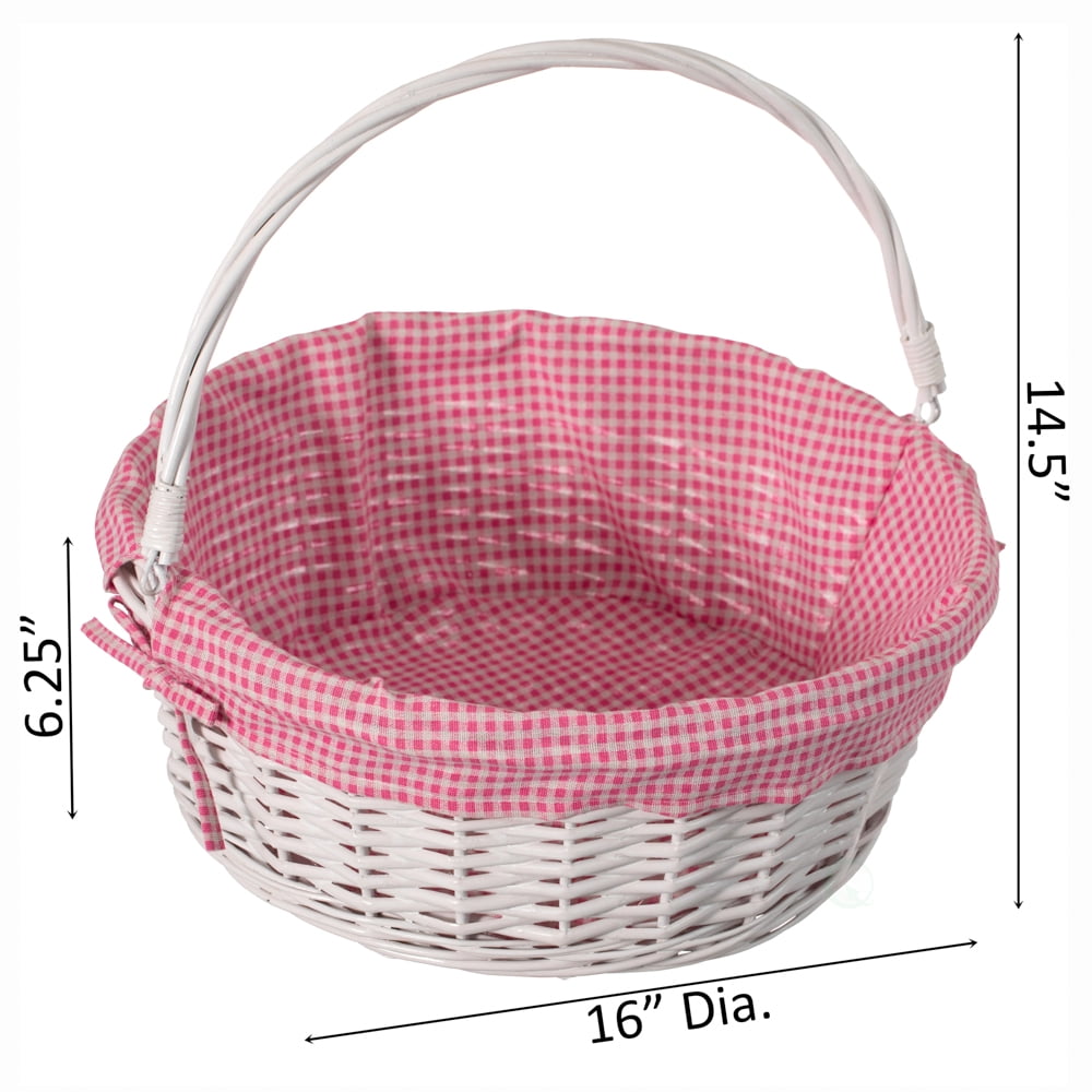 Traditional White Round Willow Gift Basket with Pink and White Gingham Liner and Sturdy Foldable Handles, Food Snacks Storage Basket, Large
