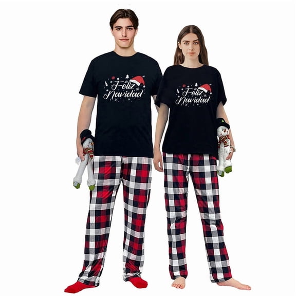 LuLiaMenton Feliz Navidad Santa Hat Black Matching Couples Christmas Pajamas Plaid Short Sleeve