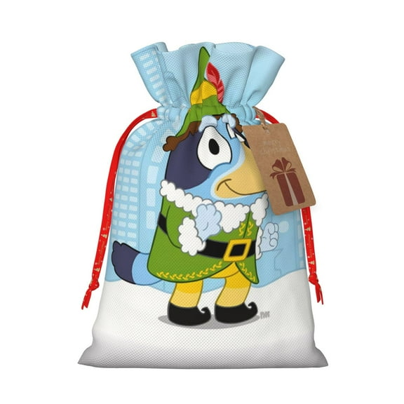 Masiiu Bluey Print Christmas Gift Bag, Burlap Drawstring Pouch with Kraft Paper Card for Holiday, Party, and Birthday Wrapping-Small