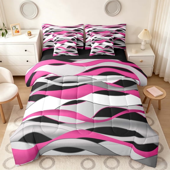 Manfei Abstract Wavy Stripe Twin Bedding, Modern Abstract Art Bedding Comforter Set, Pink, Black and White, Black Reversible 7 Pieces
