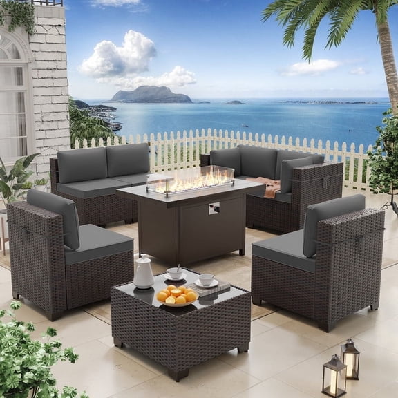 ALAULM 8 Pcs Patio Furniture Set withStainless Steel Gas Fire Pit Table, Brown/Gray