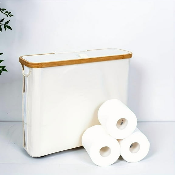 1pc Toilet Paper Storage Basket, Toilet Paper Bin With Bamboo Lid For 12-Roll Standard Toilet Paper Holder, Toilet Paper Organizer For Bathroom, Free Standing Toilet Paper Container ,White