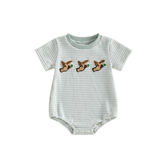 BemeyourBBs Newborn Baby Boy Mallard Duck Outfits Waffle Knit Bubble Romper Cute Infant Summer Clothes Short Sleeve Duck Embroidery Bodysuit Playsuit