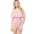 thumbnail image 1 of MixMatchy Women's Solid Ruffle Lace Off-Shoulder Short Sleeve Leotard Bodysuit, 1 of 6