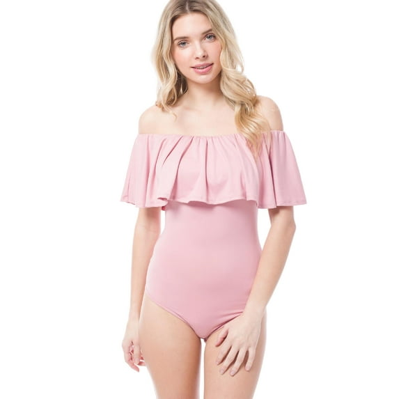 MixMatchy Women's Solid Ruffle Lace Off-Shoulder Short Sleeve Leotard Bodysuit