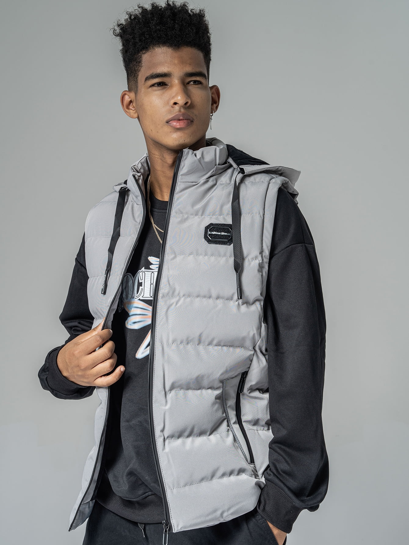 Men Patched Drawstring Hooded Padded 