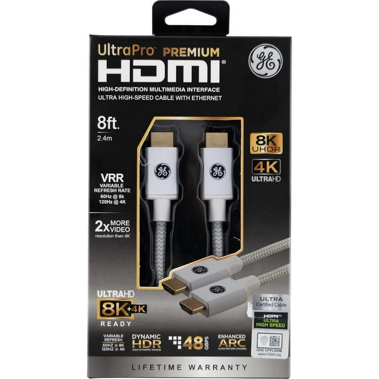 GE 8ft 8K HDMI 2.1 Cable with Ethernet, Gold-Plated Connectors, 50426 