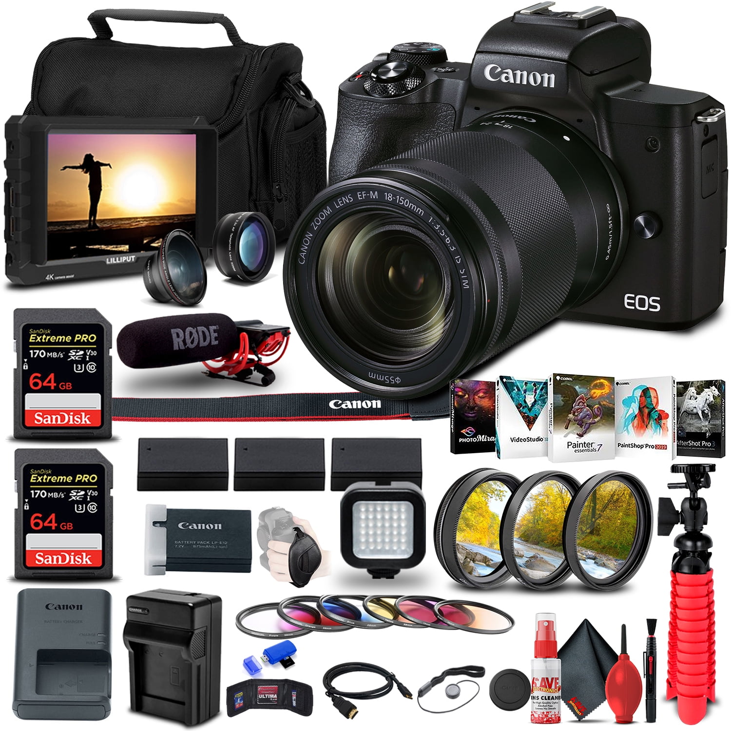 Canon EOS M50 Mark II Mirrorless Camera With EF-M 18-150mm STM Lens (4728C001) + 4K Monitor + Rode VideoMic + 2 x 64GB Memory Card + Color Filter Kit + Filter