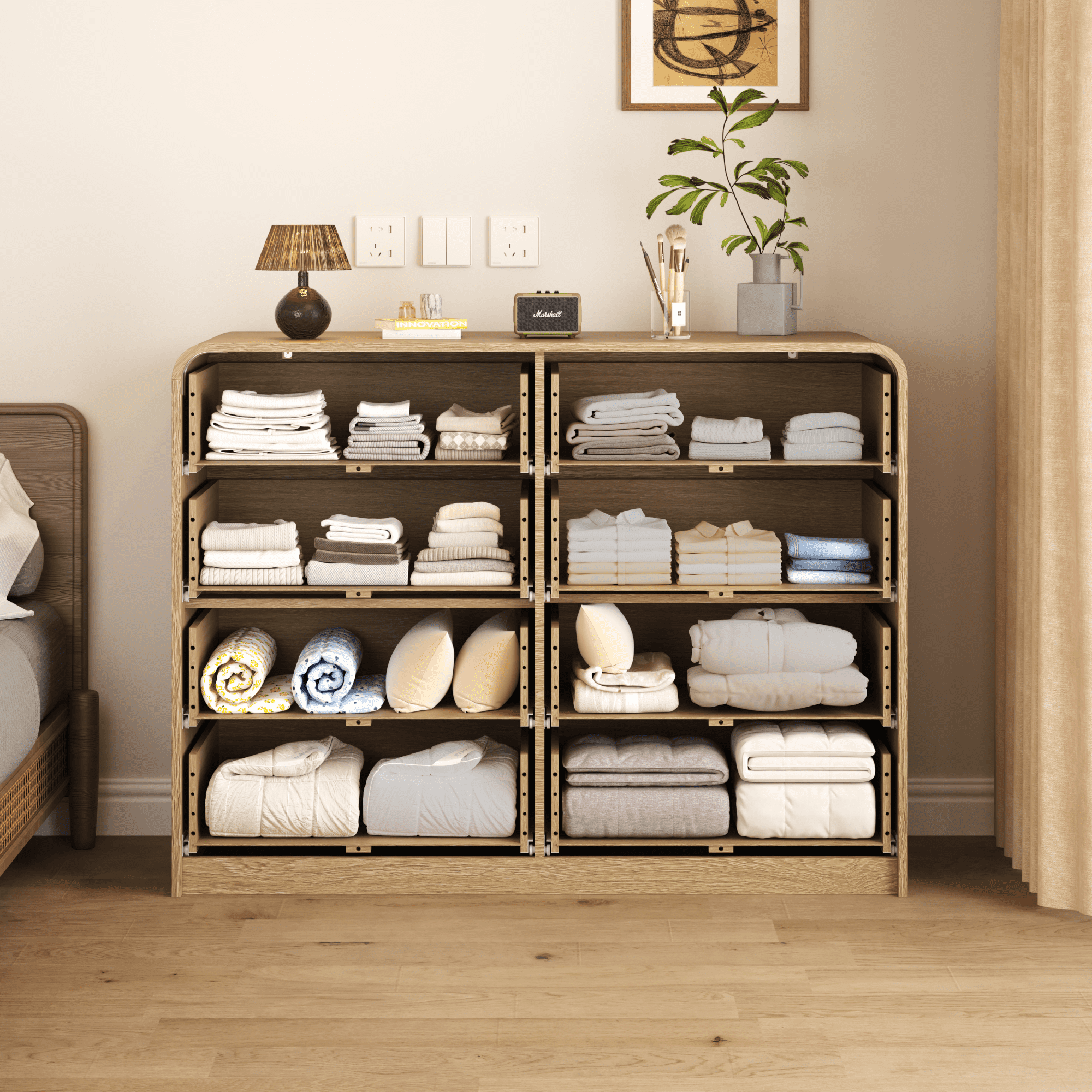 Leumius 8‑Drawer Dresser with Rattan Front, Wide Particle Board Chest of Drawers, Modern Wooden Storage Cabinet for Bedroom Living Room Natural