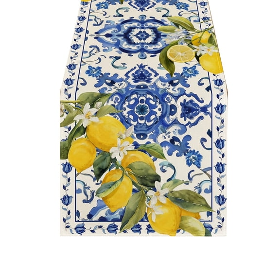 Feledorashia Mediterranean Table Runner, Polyester Table Runner, Lemon Print Table Linen for Dining and Party, Wrinkle Resistant Durable Fabric for Kitchen and Outdoor Use