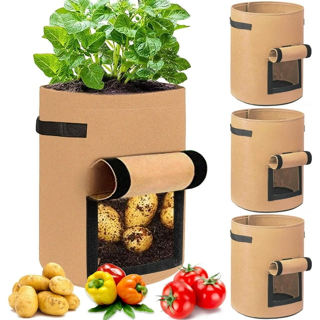 Xiao Hua Bolsas de cultivo de papas de 10 galones con solapa, de tela resistente, con asa y ventana de cosecha, para macetas, verduras, papas y tomates, color marrón, paquete de 4
