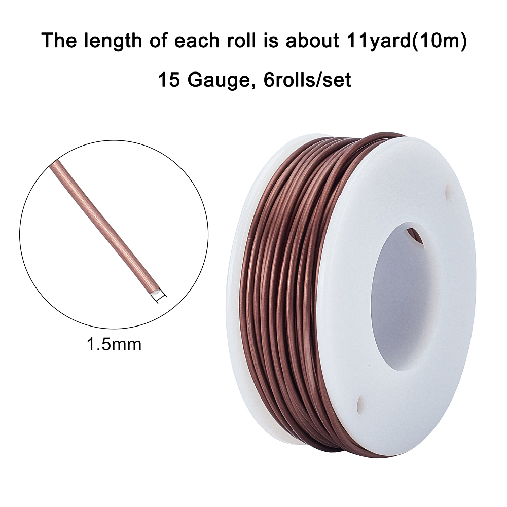 1Set Round Aluminum Wire with Iron Side Cutting Pliers Coconut Brown 15 Gauge 1.5mm 10m/roll 6 rolls Mixed Color