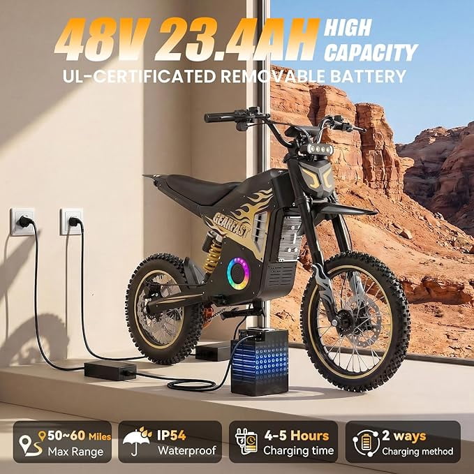 Electric Dirt Bike for Adults & Teens, 3550W, 41MPH, Up to 60 Miles Range, 48V/22AH Removable Battery, Hydraulic Brakes, 14"/12" Fat Tire Off-Road E-Dirt Bike for Age 13+, Gold