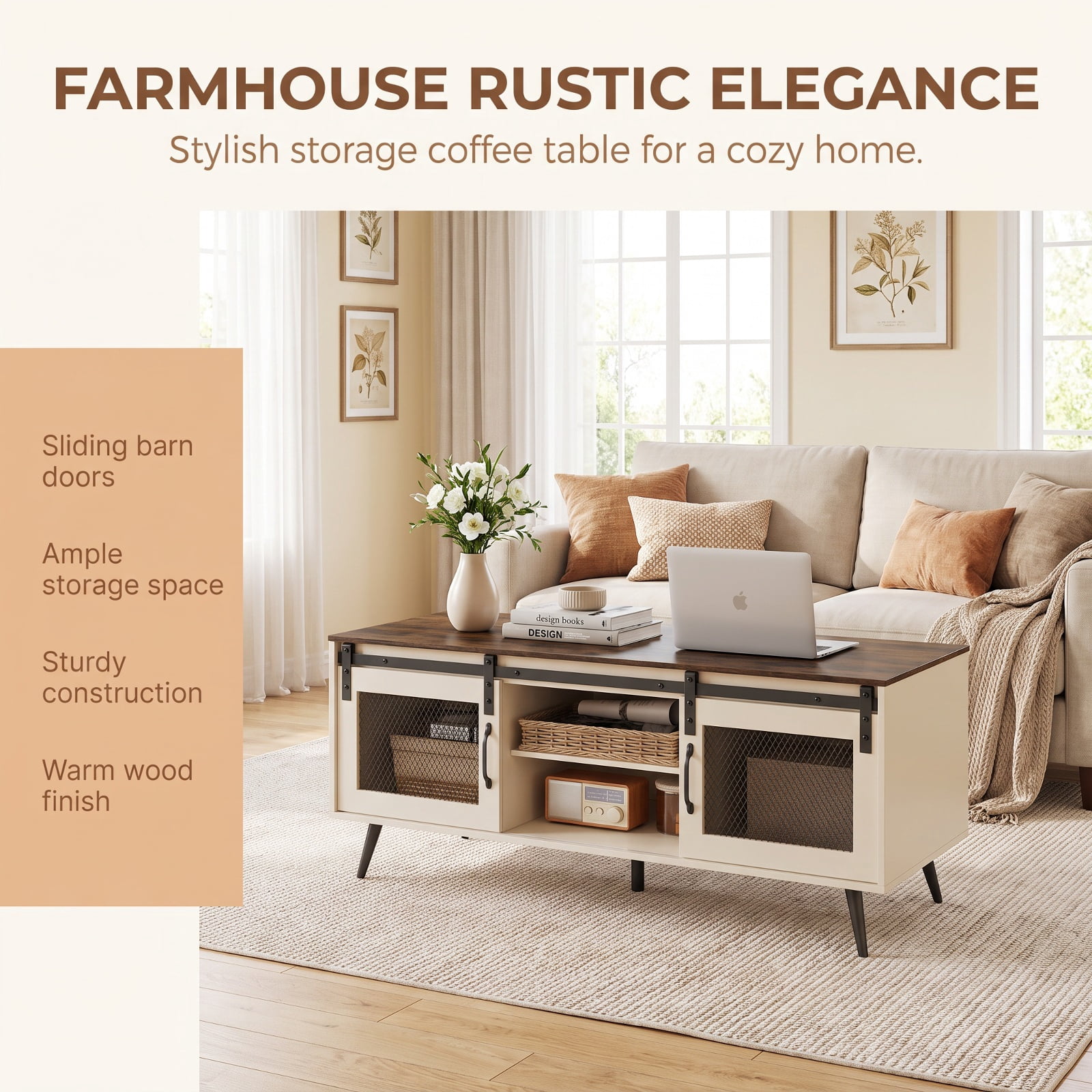 Furnibear 48 Inch Farmhouse Coffee Table with Sliding Mesh Doors Adjustable Shelf and Two Cabinets for Living Room, Rustic Brown