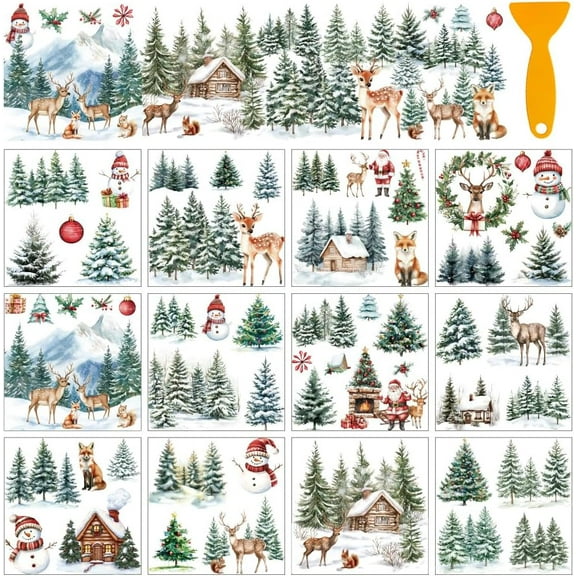 12 Sheets Christmas Rub on Transfer Stickers Snowman Deer Window Clings Furniture Decal for Home School Office Decoration Holiday Winter Decor DIY Crafts Supplies 5.5x5.5