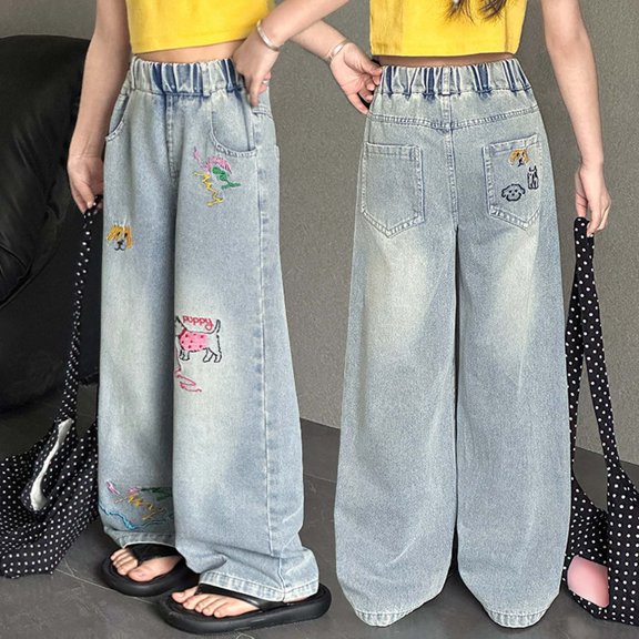 Girls Jeans Pants Elastic High Waist Wide Leg Pants Trousers for Teens Summer Clothes for Teen Girls
