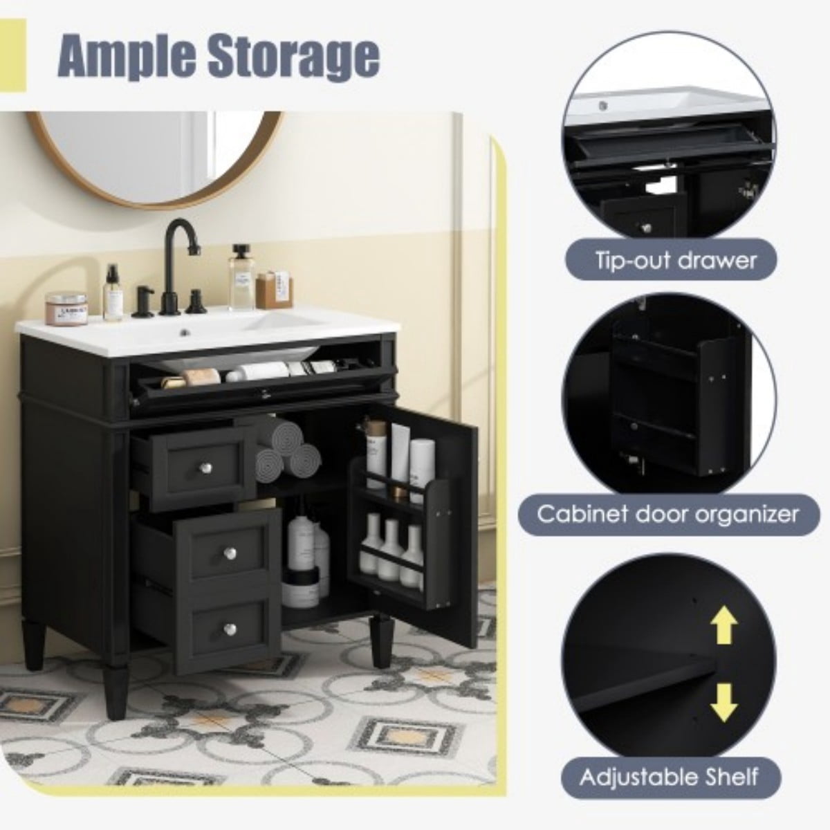 30" Bathroom Vanity with Sink, Modern Freestanding Bathroom Vanity Cabinet with Ceramic Sink, 3 Drawers & Tip-Out Drawer, Adjustable Shelf, White Storage Cabinet, Black