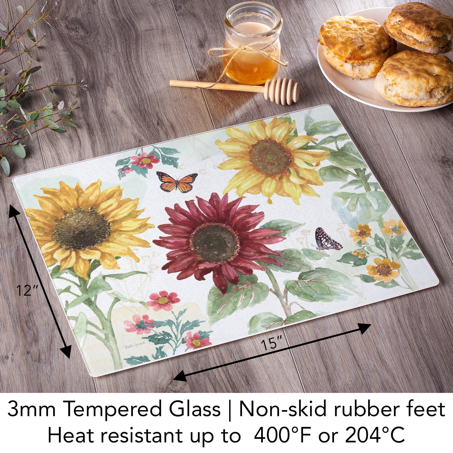 CounterArt Sunflower Splendor 3mm Tempered Glass Cutting Board 15" by 12"