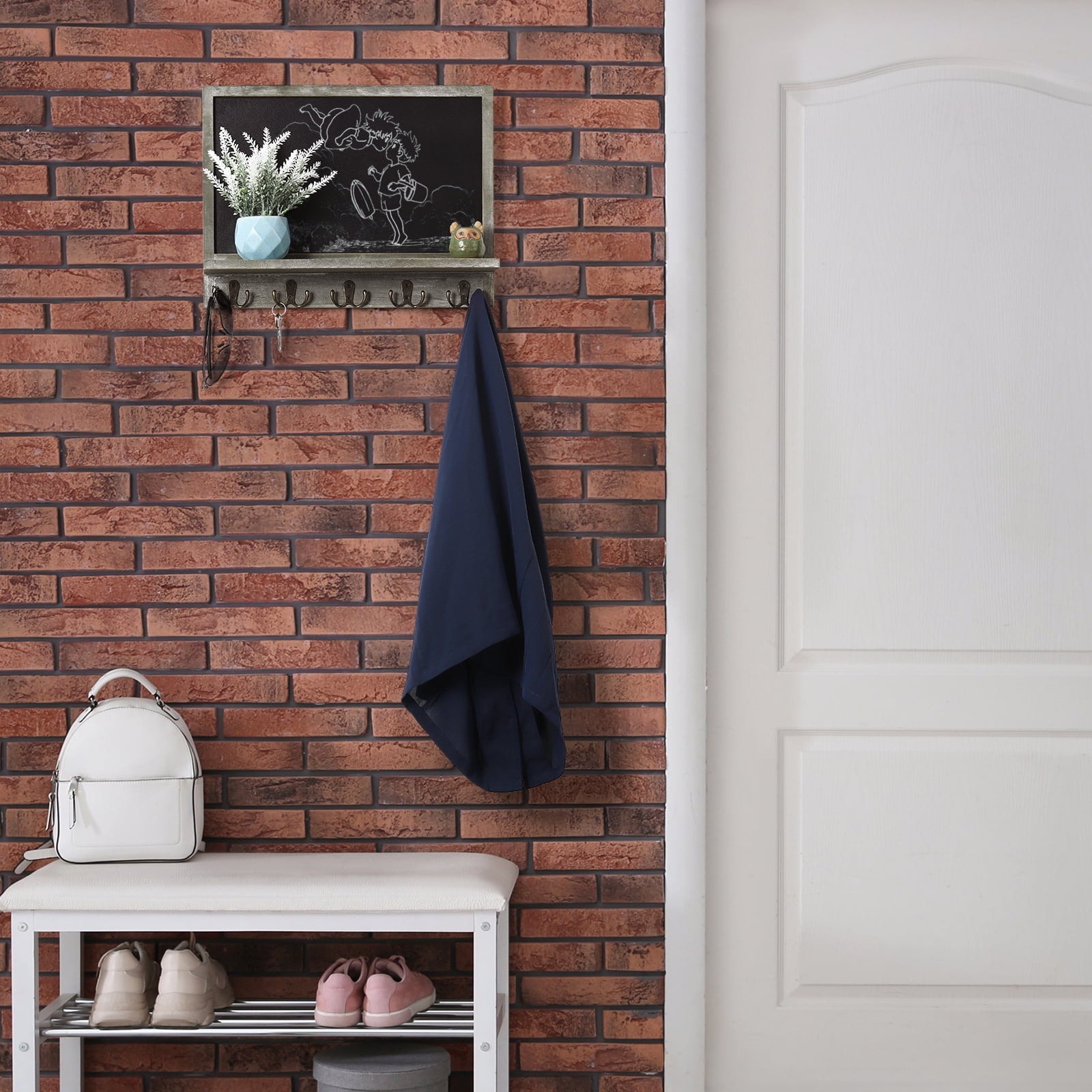 Oumilen Wall Mounted Chalkboard with Display Shelf and 5 Double Metal Hooks, Olive Green
