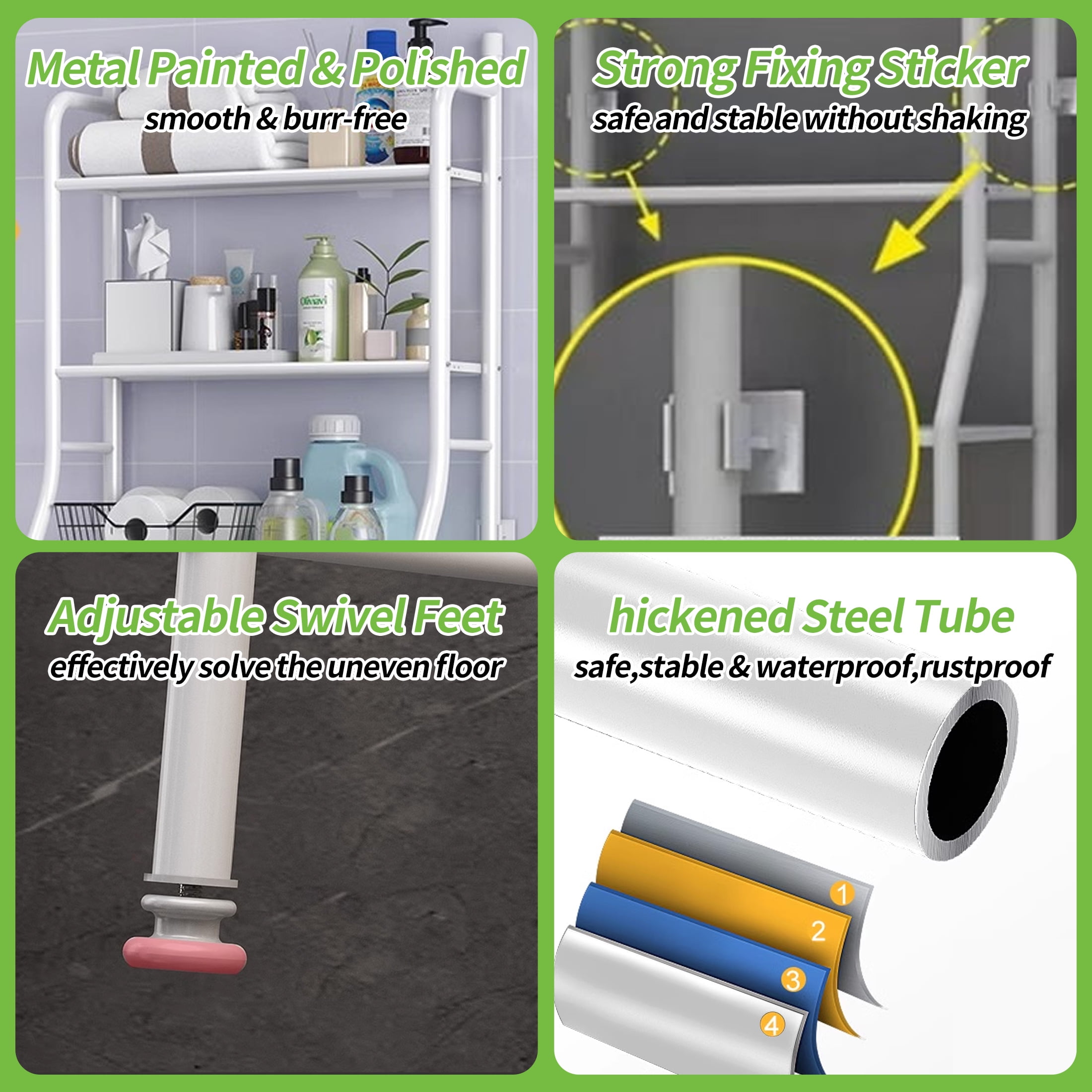 HioHa Over the Toilet Storage, 3-Tier Bathroom Organizer with Paper Holder & 3 Hooks, Sturdy & Stable Freestanding Space Saver Toilet Rack, White