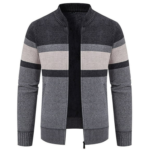 ohmzyzo Sweaters for Men Full Zip Cardigan Sweaters Casual Cable Knitted Stand Collar Coats Slim Fit Thermal Tops for Men Color Blocked Tops Dark Gray L