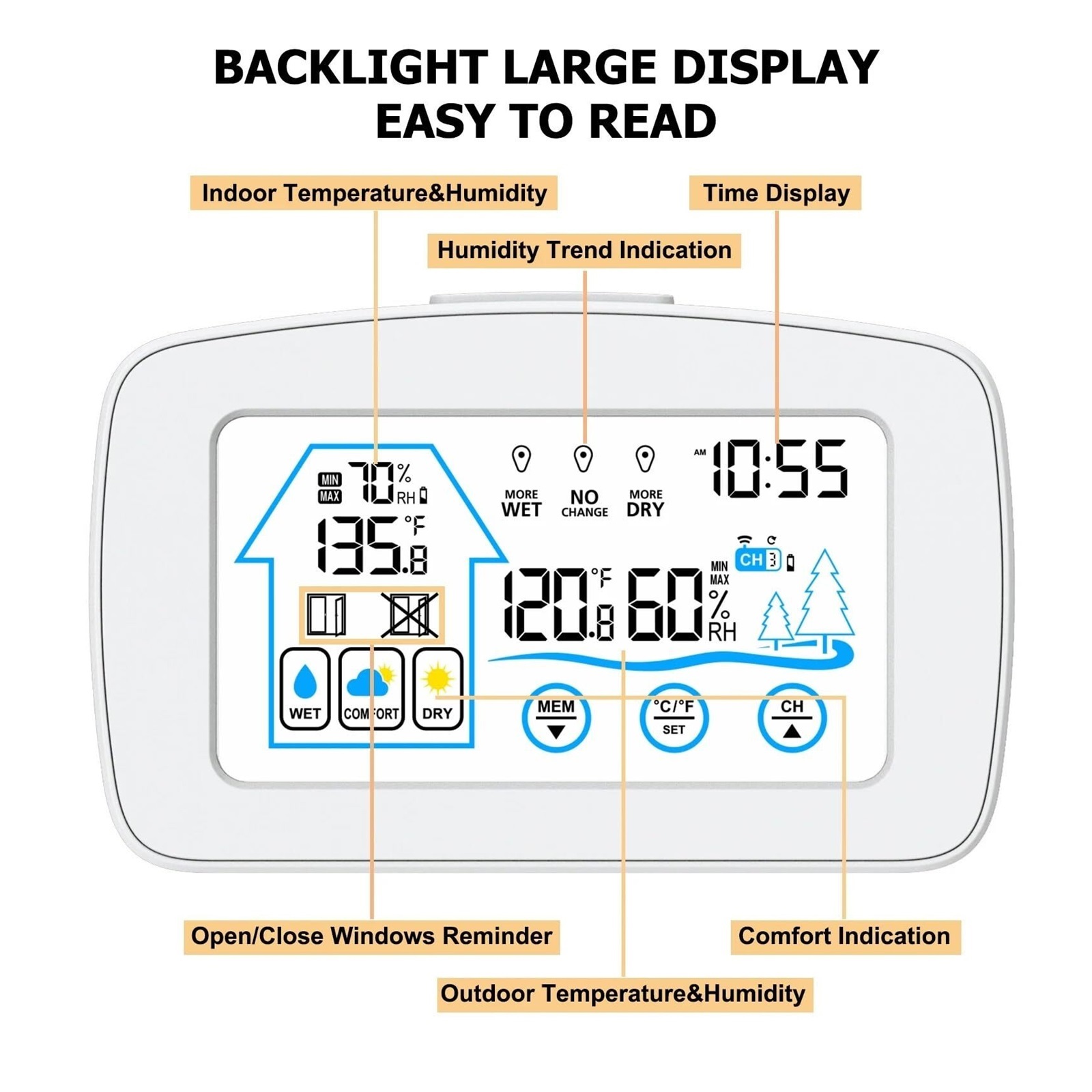 HAGSYCT Digital Weather Station,Backlight Touch Screen Digital Weather Station Smart Temperature and Humidity Meter Weather Clock Temperature Humidity Detection,Multiple Data Display(Bianco)