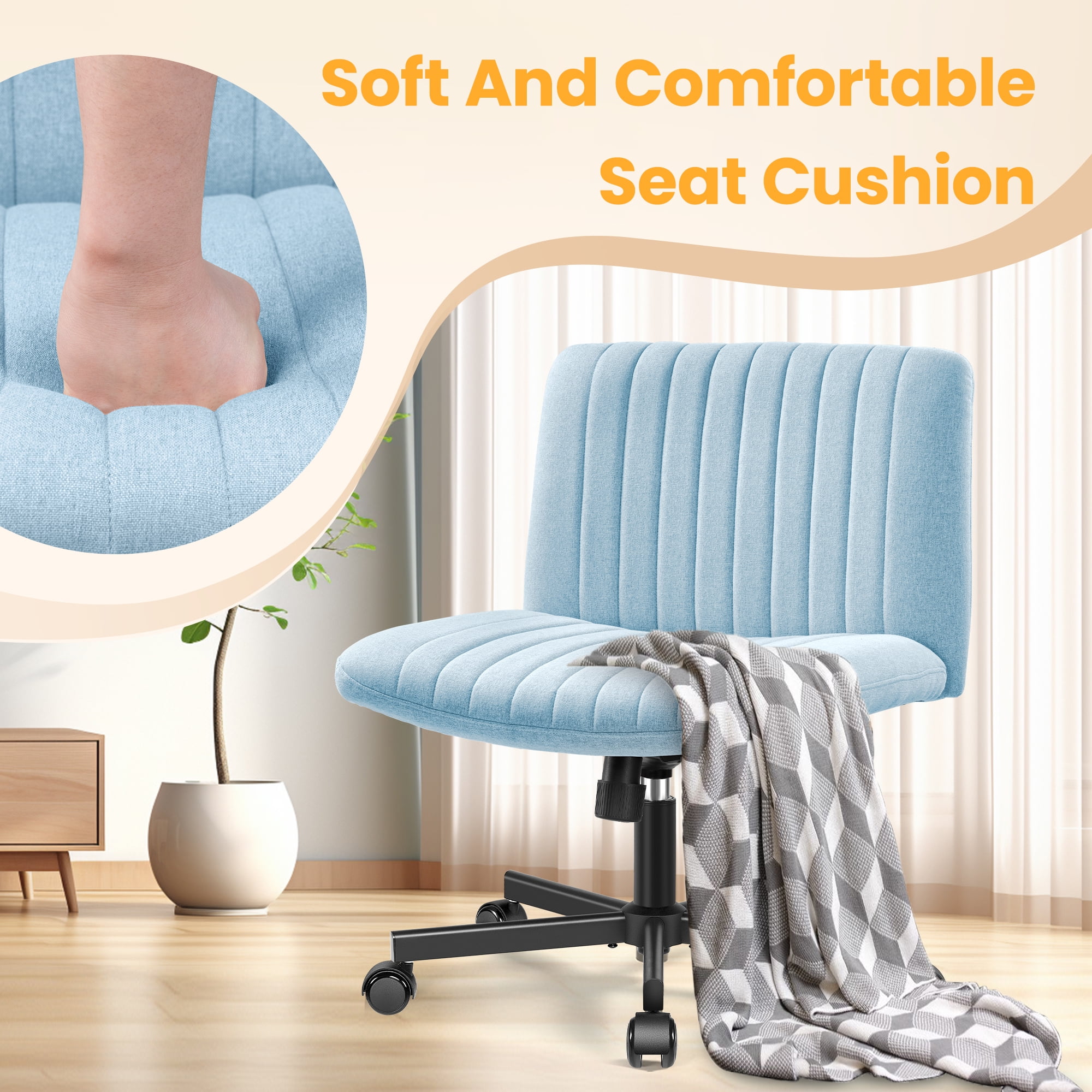 COOLHUT Office Chair Armless Criss Cross Legged Chair with Wheels, Linen Fabric Comfy Home Office Desk Chairs, Wide Seat Vanity Task Computer Chair, Light Blue