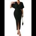 thumbnail image 3 of Vestido de Cóctel para Mujer, con Efecto Metalizado, Cruzado, Color Liso, Escote en V, Plisado, Abertura Alta, Corta, Midi, Negro, Talla L, 3 of 9