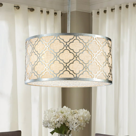 W16 in Mid-Centery Modern Drum Chandelier with White Fabric Shade Farmhouse Round Hanging Pendant in Antique Silver and Textured Glass For Bedroom Dining Room