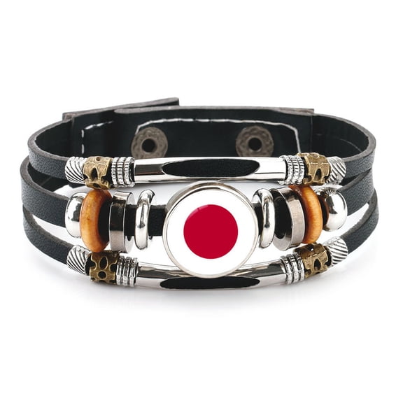 Uijokdef Country Flag Leather Bracelet, Multi-Layer Black Cowhide Design, 7.87 Inches