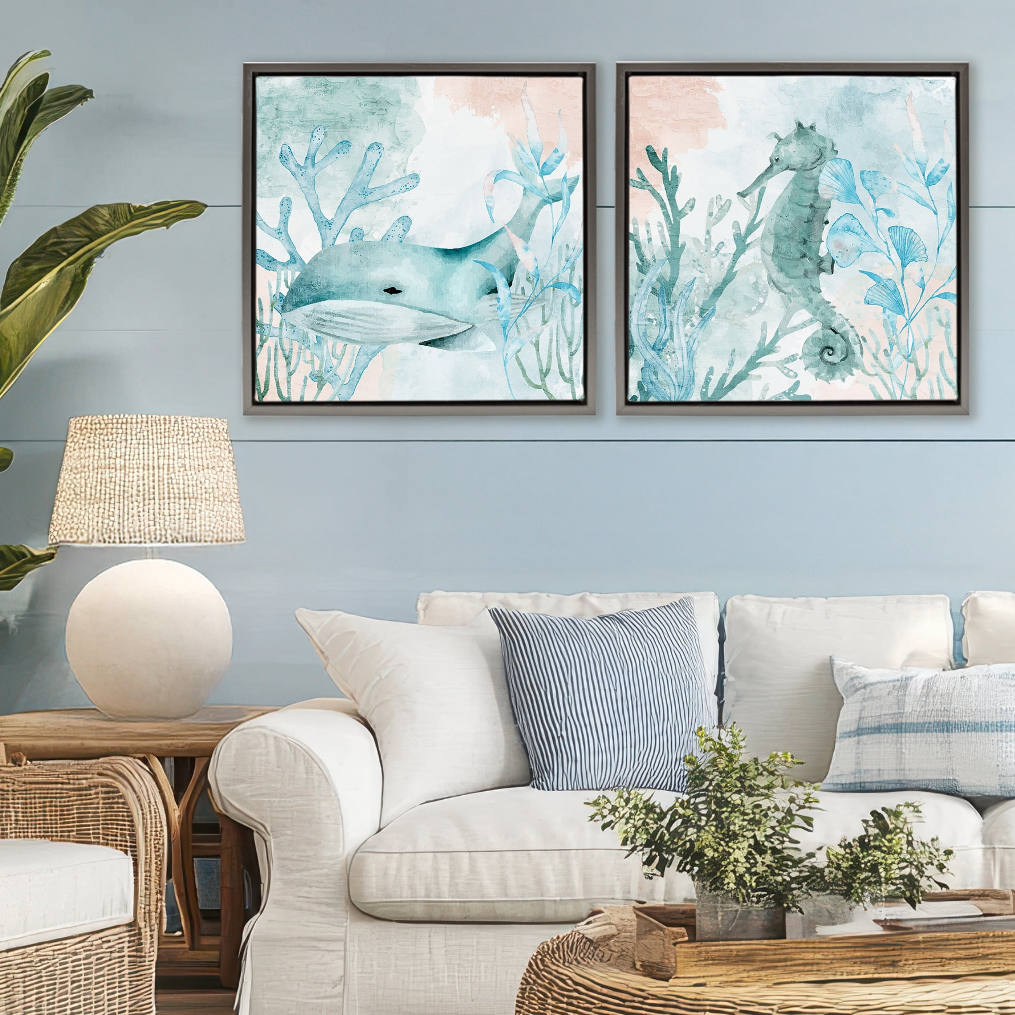 Stupell Industries Whale & Seahorse Sea Swim 2 Piece Gray Framed Floater Canvas Set, design by Kim Allen