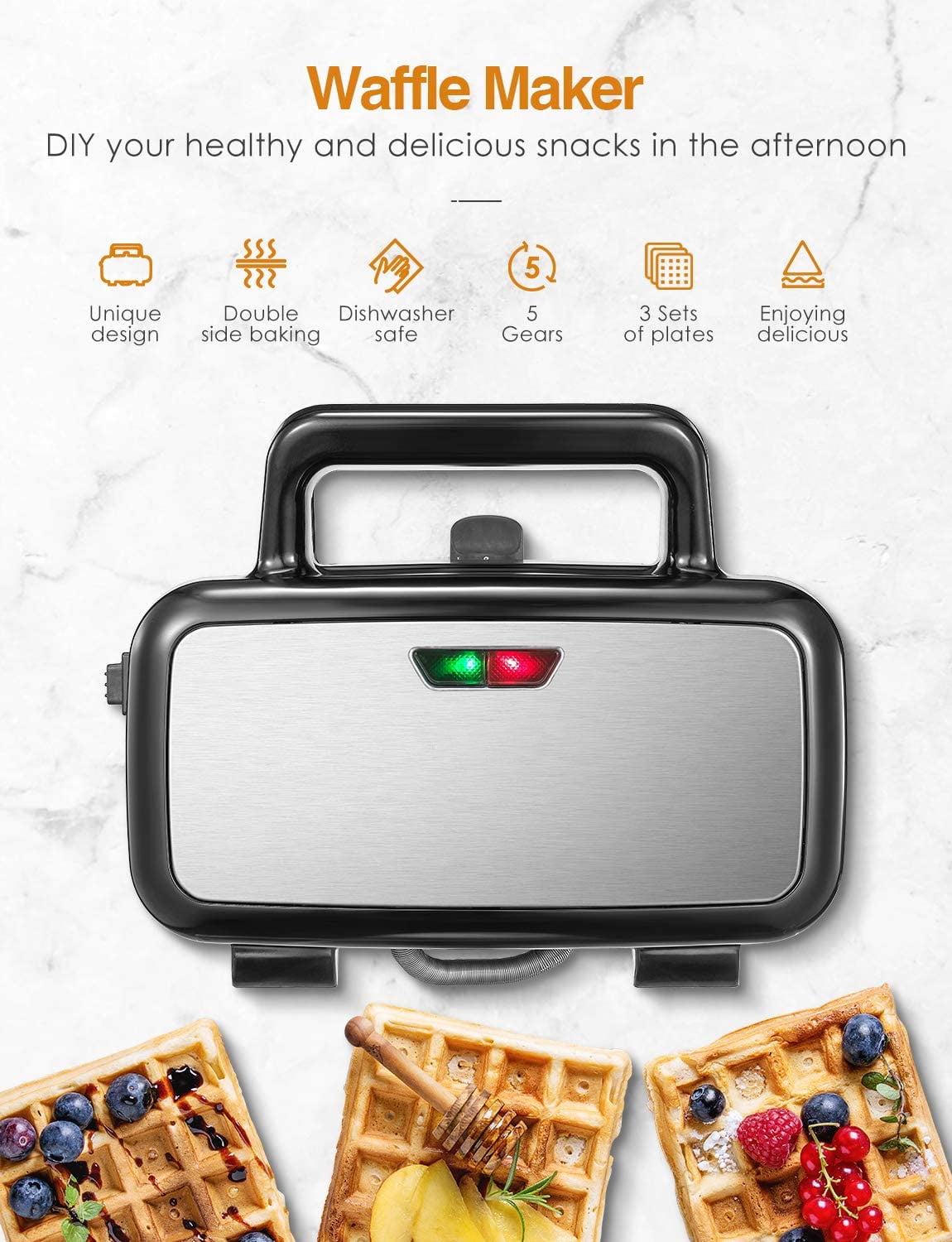 HOUSNAT 3 in 1 Sandwich Maker, Waffle Maker with Removable Plates, 120