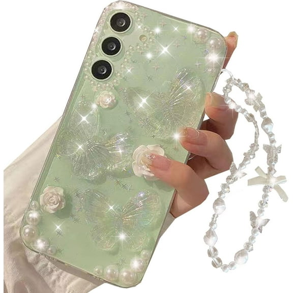 for Samsung Galaxy A16 5G Clear Glitter Case, Cute 3D Butterfly Floral Crystal Pearl Bling Sparkle Shiny with Wrist Strap Soft TPU Aesthetic Women Girls Phone Case for Galaxy A16 6.7" (Clear)
