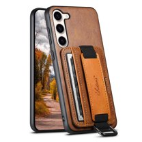 ELEHOLD Premium Leather Case for Samsung Galaxy S23 6.1 inch,Card Slot Wallet Kickstand Elastic Wristband Metal Ring Full Body Shockproof Protection Anti-Scratch Wallet Case,Brown
