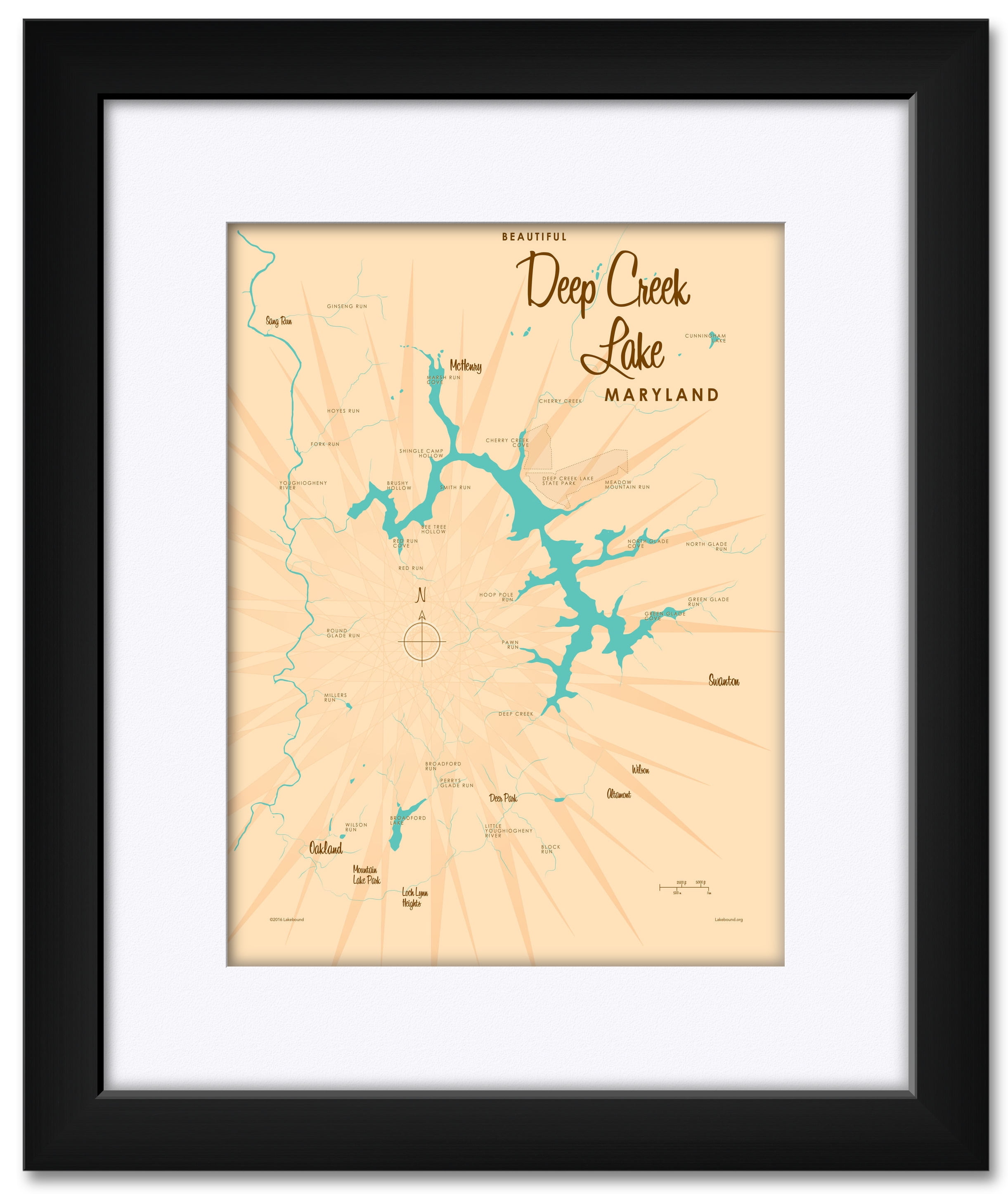 Deep Creek Lake Maryland Map Framed And Matted Art Print By Lakebound Print Size 9 X 12 0177