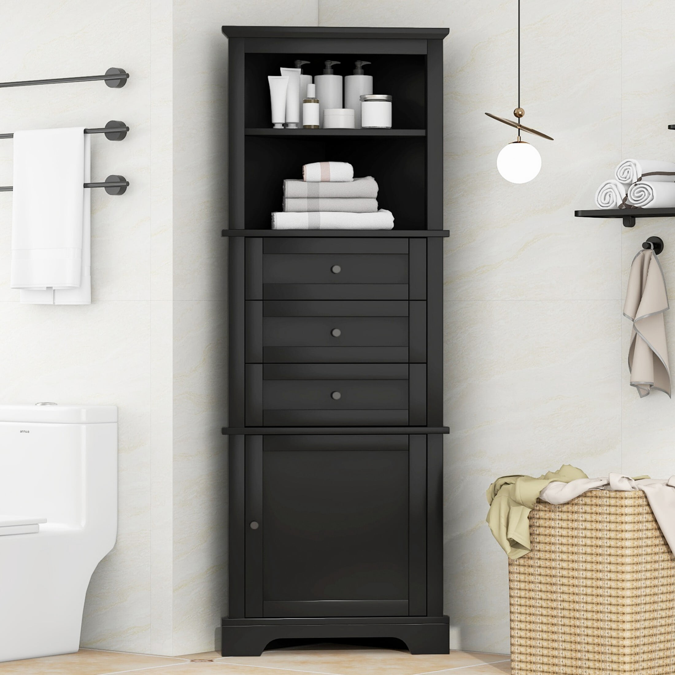 AENKYO 68.9 inch Bathroom Corner Cabinet with Adjustable Shelves, Stylish Corner Storage Cabinet for Home, Black